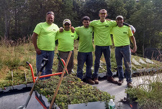 Evergreen Environments installed a 650-square-foot LiveRoof system in Litchfield County, Connecticut, in 2014. Shown (from left to right) are: John Kruzshak, owner; Edgar Forero, foreman; Tom Santaniello, installer; Tim Pears, installer; and Tom Gilbertie, estimator.